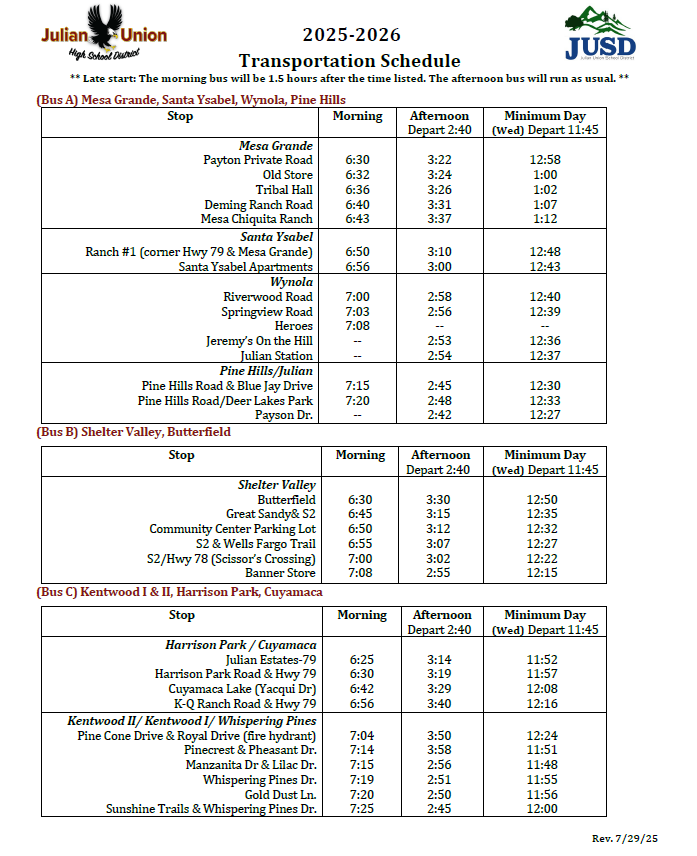 25-26 Transportation Schedule